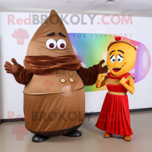 Brown Fajitas mascot costume character dressed with a Ball Gown and Foot pads