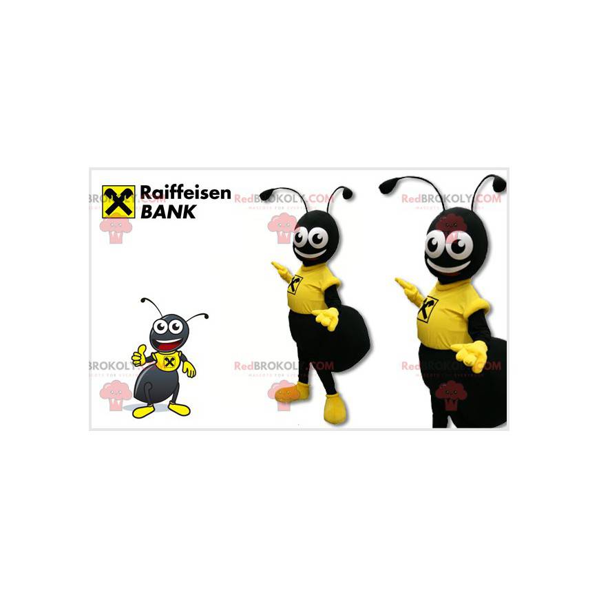 Mascotte de fourmi noire habillée en jaune - Redbrokoly.com