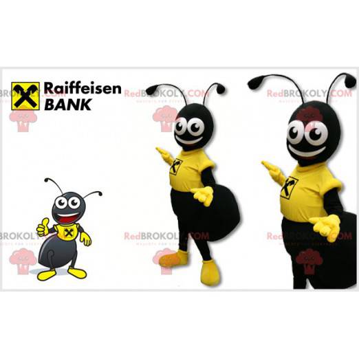 Mascotte de fourmi noire habillée en jaune - Redbrokoly.com