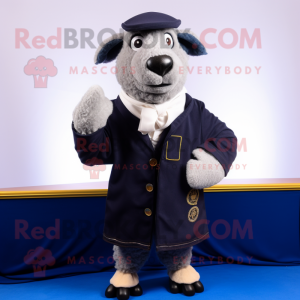 Navy Suffolk Sheep mascot costume character dressed with a Suit Jacket and Shawls
