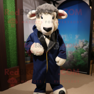 Navy Suffolk Sheep mascot costume character dressed with a Suit Jacket and Shawls