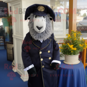 Navy Suffolk Sheep mascot costume character dressed with a Suit Jacket and Shawls