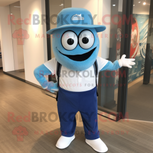 Blue Gyro mascot costume character dressed with a Bermuda Shorts and Suspenders