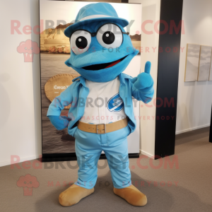 Blue Gyro mascot costume character dressed with a Bermuda Shorts and Suspenders