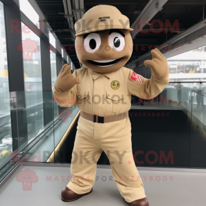 Beige Fire Fighter mascot costume character dressed with a Jumpsuit and Belts