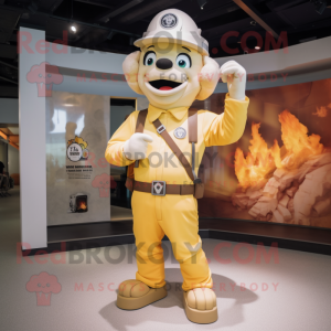 Beige Fire Fighter mascot costume character dressed with a Jumpsuit and Belts