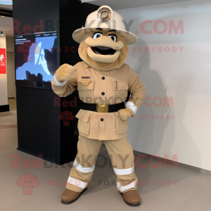 Beige Fire Fighter mascot costume character dressed with a Jumpsuit and Belts