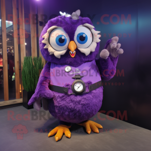 Purple Owl mascot costume character dressed with a Maxi Dress and Smartwatches