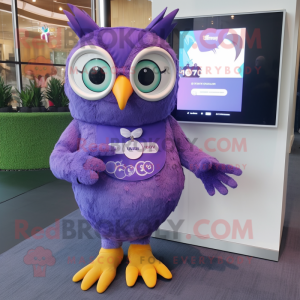 Purple Owl mascot costume character dressed with a Maxi Dress and Smartwatches