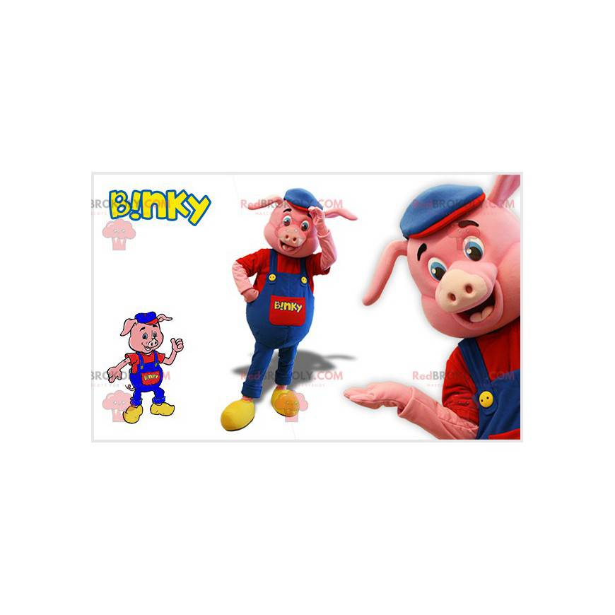 Mascotte roze varken met blauwe overall en een baret -
