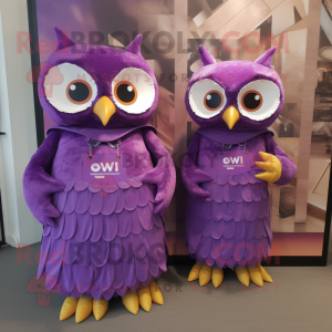 Purple Owl mascot costume character dressed with a Maxi Dress and Smartwatches