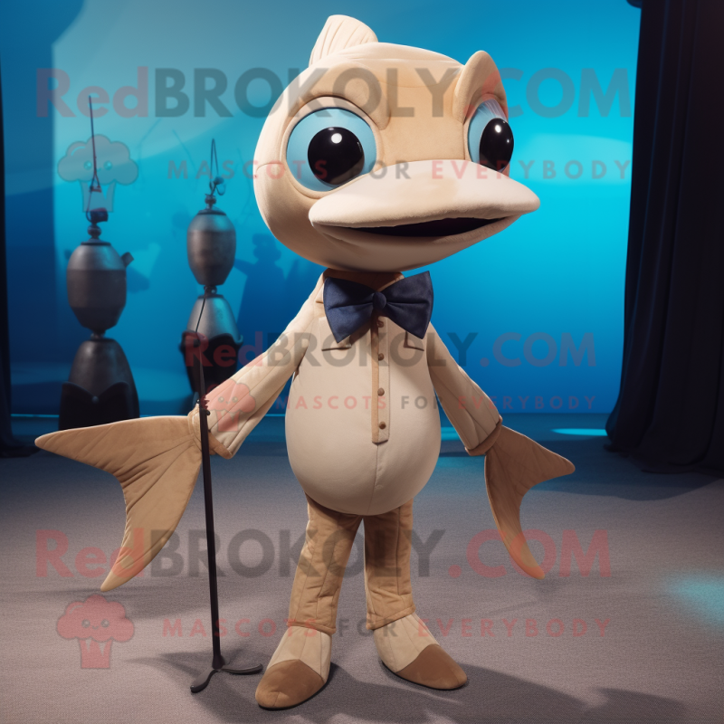 Tan Swordfish mascot costume character dressed with a Turtleneck and Bow ties