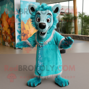 Turquoise Hyena mascot costume character dressed with a Dress and Belts