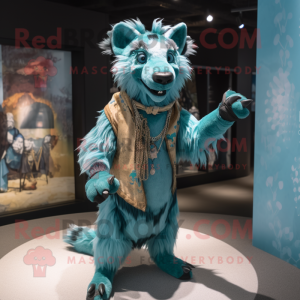 Turquoise Hyena mascot costume character dressed with a Dress and Belts