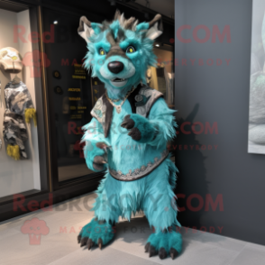 Turquoise Hyena mascot costume character dressed with a Dress and Belts