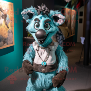 Turquoise Hyena mascot costume character dressed with a Dress and Belts
