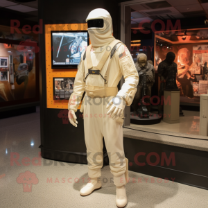 Cream Gi Joe mascot costume character dressed with a Jumpsuit and Shawl pins