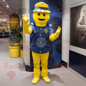 Lemon Yellow Navy Soldier mascot costume character dressed with a Joggers and Gloves