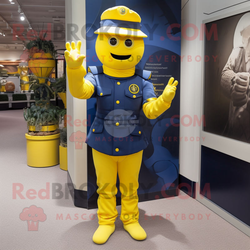 Lemon Yellow Navy Soldier mascot costume character dressed with a Joggers and Gloves Lemon Yellow Navy Soldier mascot costume character dressed with a Joggers and Gloves
