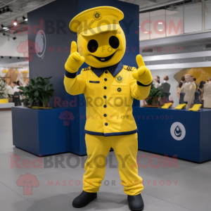 Lemon Yellow Navy Soldier mascot costume character dressed with a Joggers and Gloves