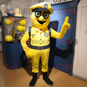 Lemon Yellow Navy Soldier mascot costume character dressed with a Joggers and Gloves