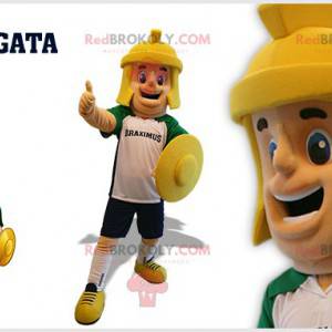 Mascote do homem gladiador com um capacete e um escudo -