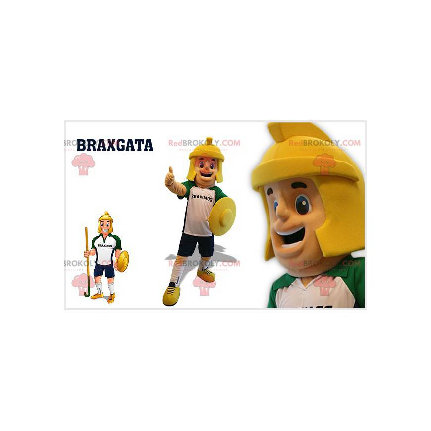 Gladiator man mascot with a helmet and a shield - Redbrokoly.com
