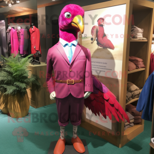 Magenta Pheasant mascot costume character dressed with a Oxford Shirt and Pocket squares