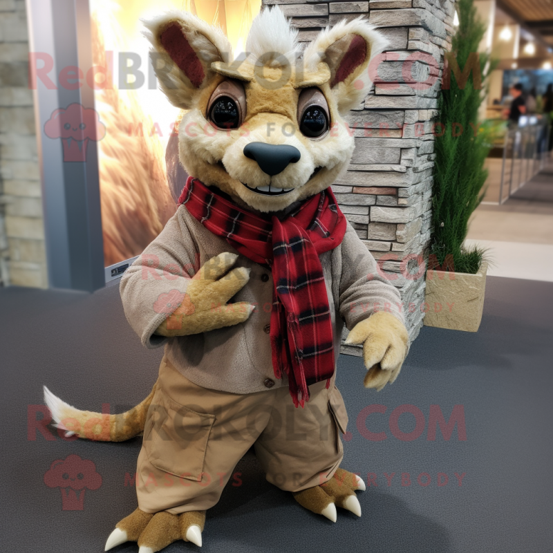 Beige Chupacabra mascot costume character dressed with a Flannel Shirt and Scarves Beige Chupacabra mascot costume character dressed with a Flannel Shirt and Scarves