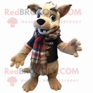 Beige Chupacabra mascot costume character dressed with a Flannel Shirt and Scarves