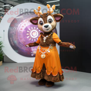Rust Deer mascot costume character dressed with a Circle Skirt and Brooches