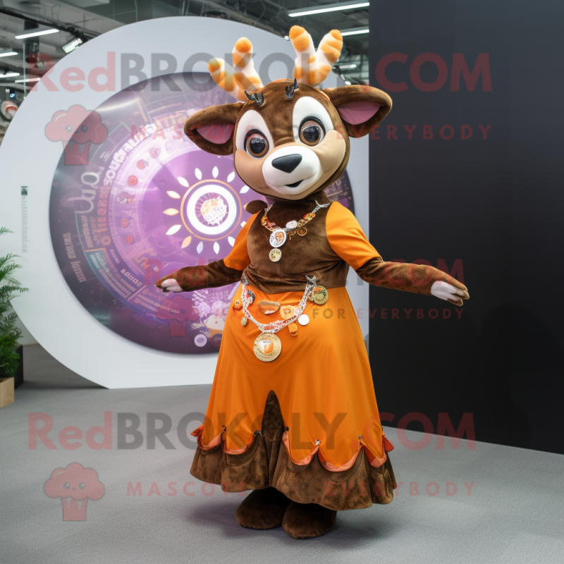 Rust Deer mascot costume character dressed with a Circle Skirt and Brooches