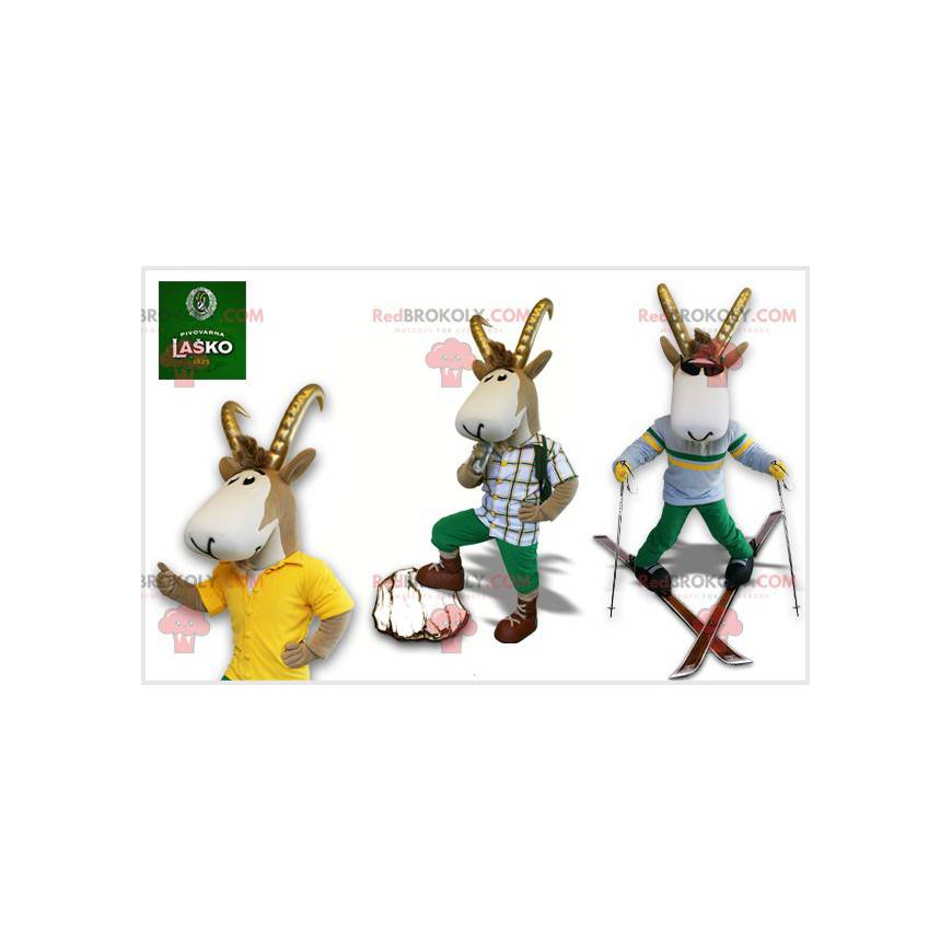 Mascotte grigio e camoscio bianco con grandi corna - Mascotte grigio e camoscio bianco con grandi corna -