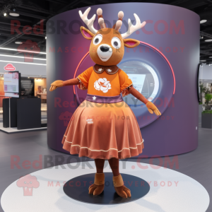 Rust Deer mascot costume character dressed with a Circle Skirt and Brooches