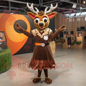 Rust Deer mascot costume character dressed with a Circle Skirt and Brooches