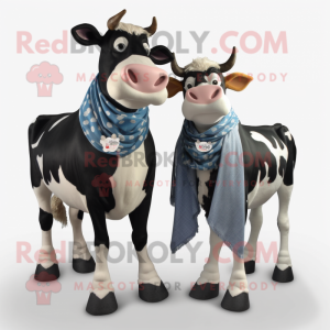 Black Guernsey Cow mascot costume character dressed with a Boyfriend Jeans and Scarves