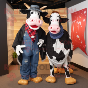 Black Guernsey Cow mascot costume character dressed with a Boyfriend Jeans and Scarves