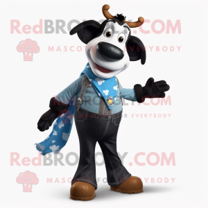 Black Guernsey Cow mascot costume character dressed with a Boyfriend Jeans and Scarves