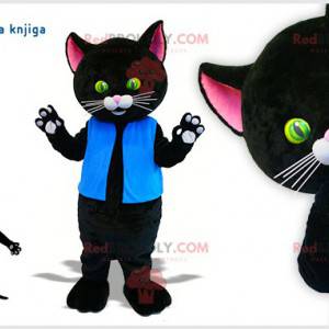 Reusachtige zwarte kat mascotte met mooie groene en gele ogen -