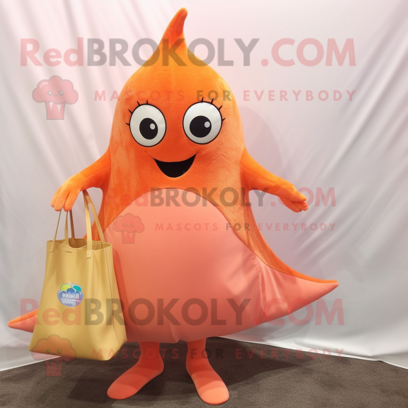 Peach Stingray mascot costume character dressed with a Mini Dress and Tote bags