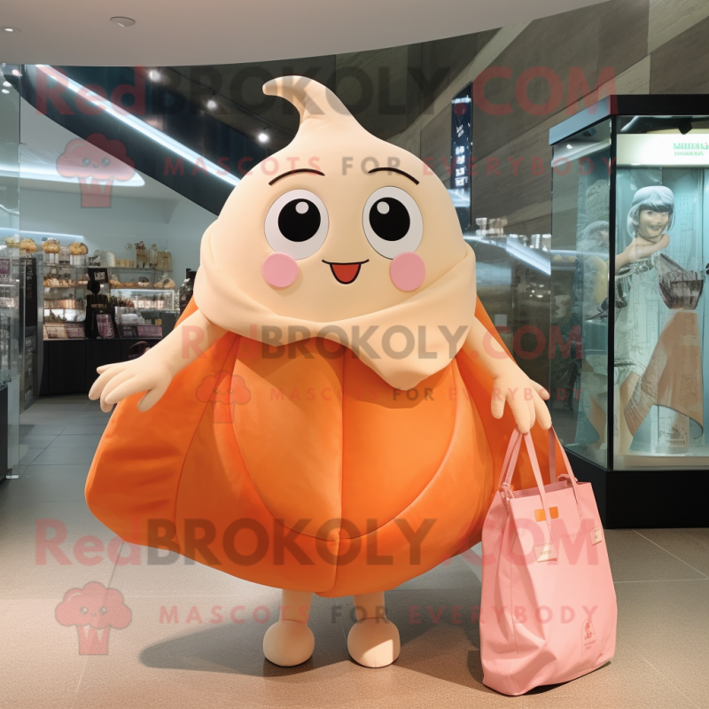 Peach Stingray mascot costume character dressed with a Mini Dress and Tote bags Peach Stingray mascot costume character dressed with a Mini Dress and Tote bags