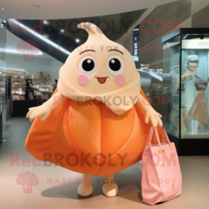 Peach Stingray mascot costume character dressed with a Mini Dress and Tote bags