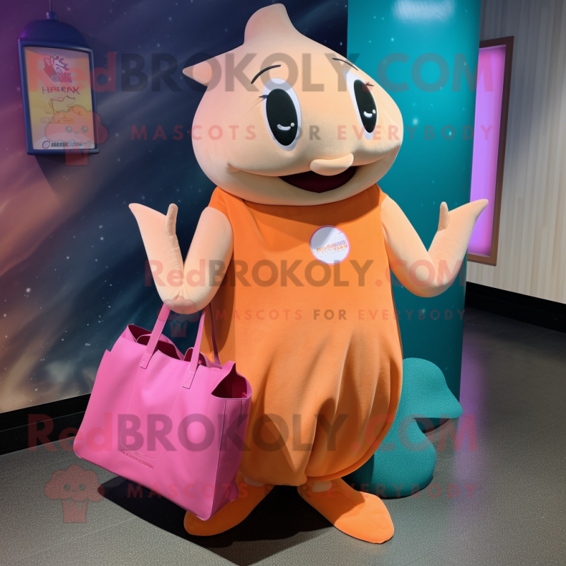 Peach Stingray mascot costume character dressed with a Mini Dress and Tote bags