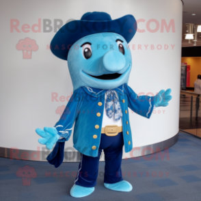 Turquoise Blue Whale mascot costume character dressed with a Flare Jeans and Hat pins