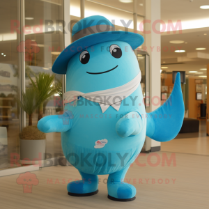 Turquoise Blue Whale mascot costume character dressed with a Flare Jeans and Hat pins