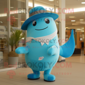 Turquoise Blue Whale mascot costume character dressed with a Flare Jeans and Hat pins
