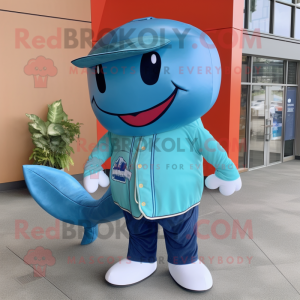 Turquoise Blue Whale mascot costume character dressed with a Flare Jeans and Hat pins
