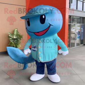 Turquoise Blue Whale mascot costume character dressed with a Flare Jeans and Hat pins
