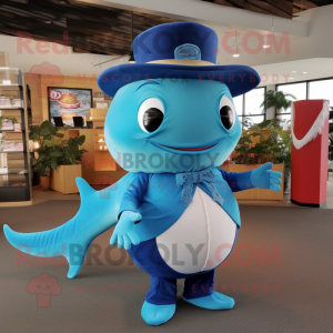 Turquoise Blue Whale mascot costume character dressed with a Flare Jeans and Hat pins