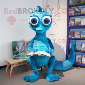 Blue Hydra mascot costume character dressed with a Playsuit and Reading glasses